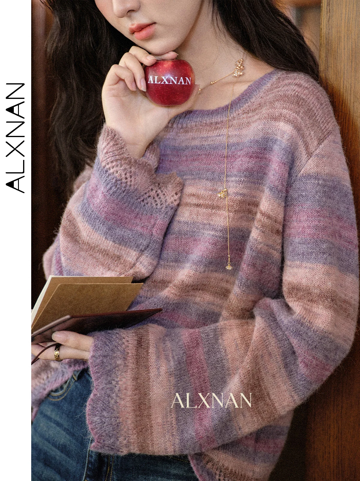 سترة نسائية من ALXNAN بلوفرات صوف مخططة باللون الأرجواني بأكمام طويلة للخريف والشتاء ملابس تريكو فضفاضة مناسبة للمكتب L569155