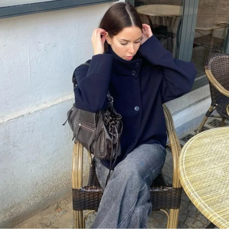 Dunkelblaue Wolljacke für Damen, 2025, Frühling, einreihig, Stehkragen, lockerer weiblicher Mantel, Bürodame, Straße, kurze Oberbekleidung, Tops – Detail 25