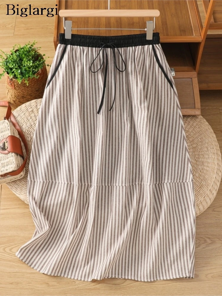 

Oversized Summer Elastic Waist Skirt Women Striped Print Fashion Ruffle Pleated Ladies Skirts Casual Loose A-Line Woman Skirt