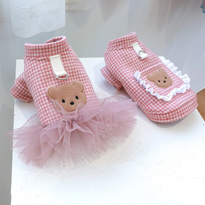 Pet Clothes, Dog and Cat Clothing, Warm and Cold in Autumn and Winter, Cute Plaid Powder Bear Lovers Clothes.