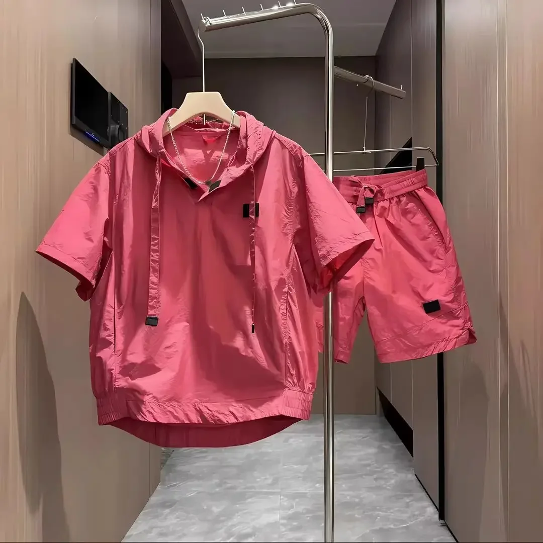 Quick Drying Cargo Hooded Summer Outfits Men's Two-piece Loose Fashion Casual Sport Tracksuit men Short Sleeve Shorts Set Male