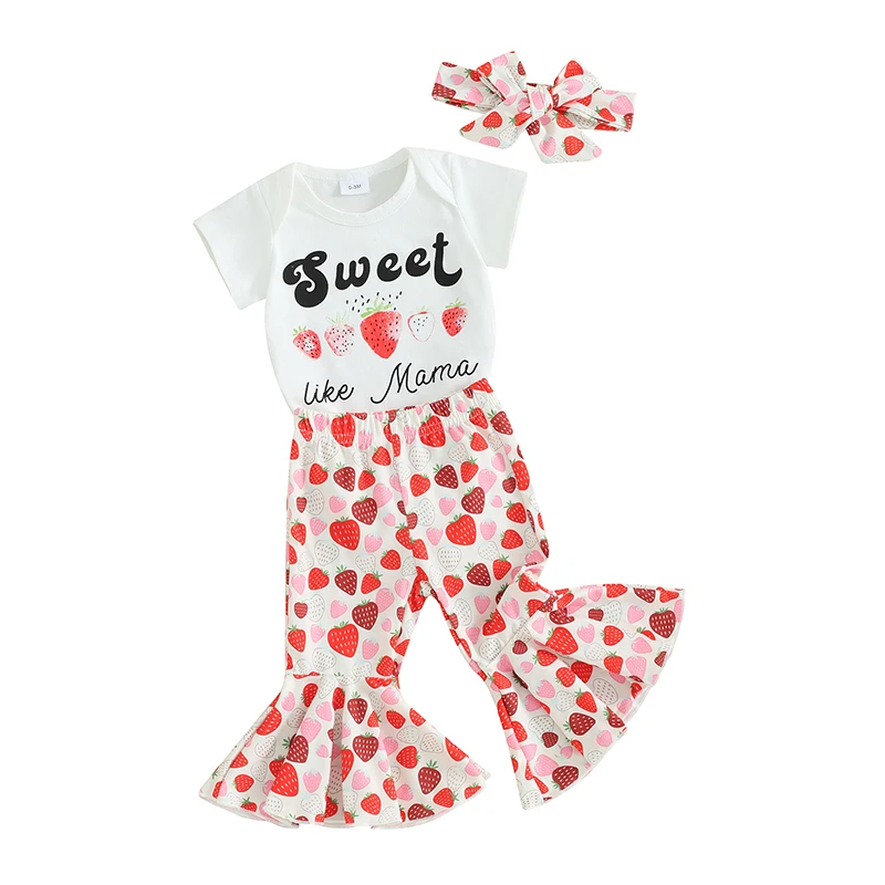 

Newborn Infant Baby Girl Clothes Short Sleeve Sweet Like Mama Romper Top Strawberry Flare Pants Headband Set Bell Bottom