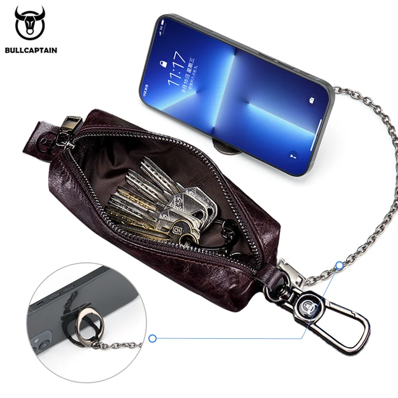 BULLCAPTAIN Genuine Leather Men's Car Keychain Leather Key Case High Quality Men's Butler Key Clip Zipper Two Card Key Case