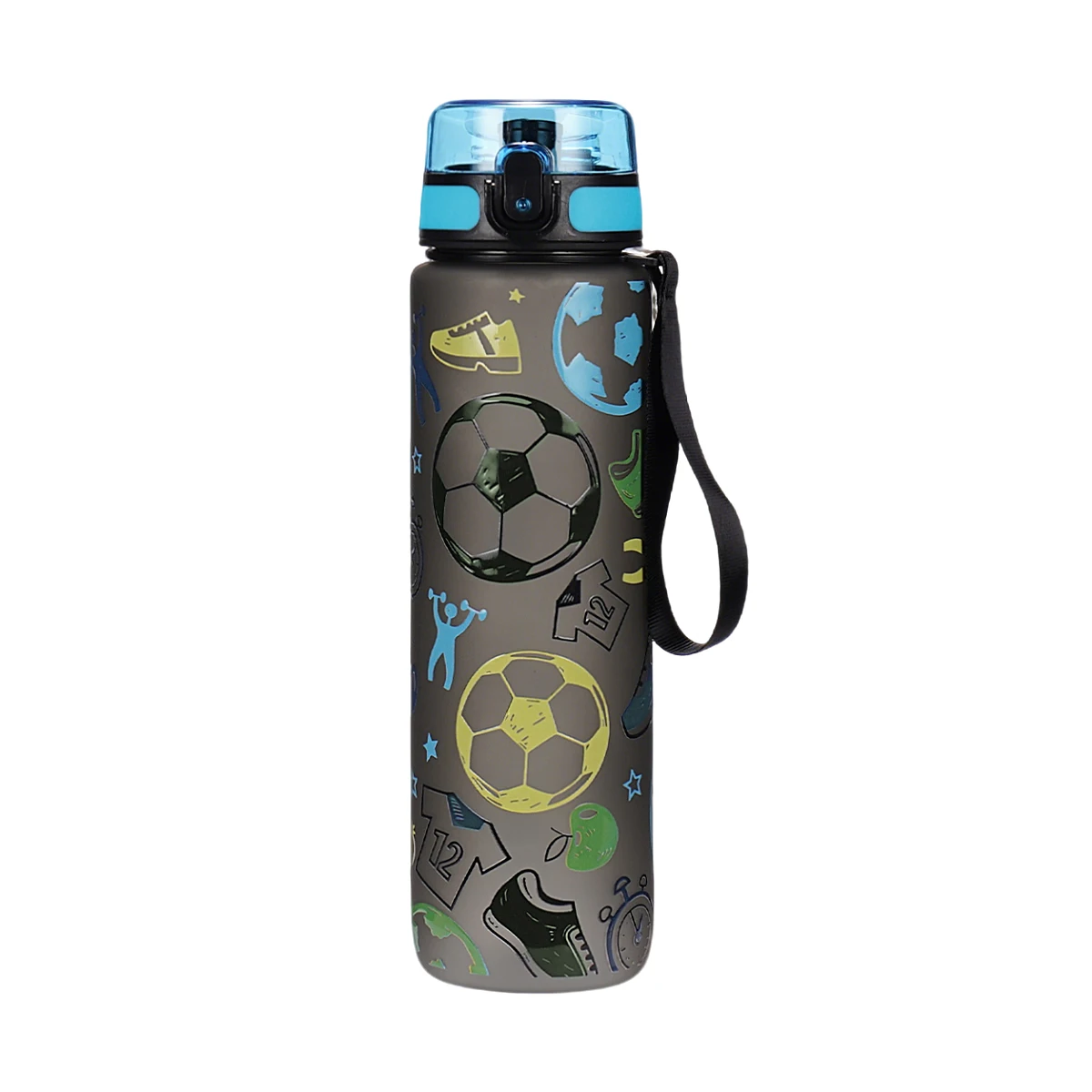 Wasserflasche mit Fußballmuster für Jungen, 750/1000 ml, auslaufsicherer Sportwasserbecher aus Kunststoff, tragbarer Klappdeckel für Schule, Turnhalle, Fußballtraining – Detail 7