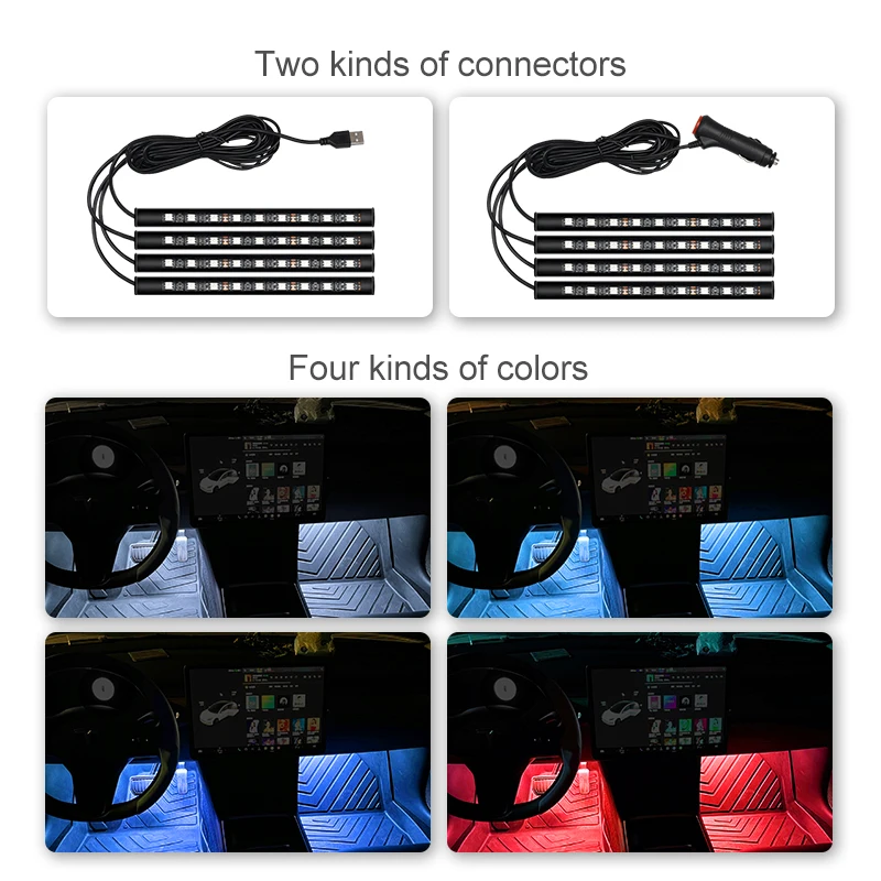 2024 New Led Car Ambient Light USB Cigarette Interface Foot Pad Light Decoration Atmosphere Neon Lamps Auto Interior Accessories