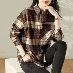 Fashion Lapel Printed Folds Asymmetrical Plaid Shirts Women's Clothing 2023 Autumn Winter Loose All-match Tops Commuter Blouses