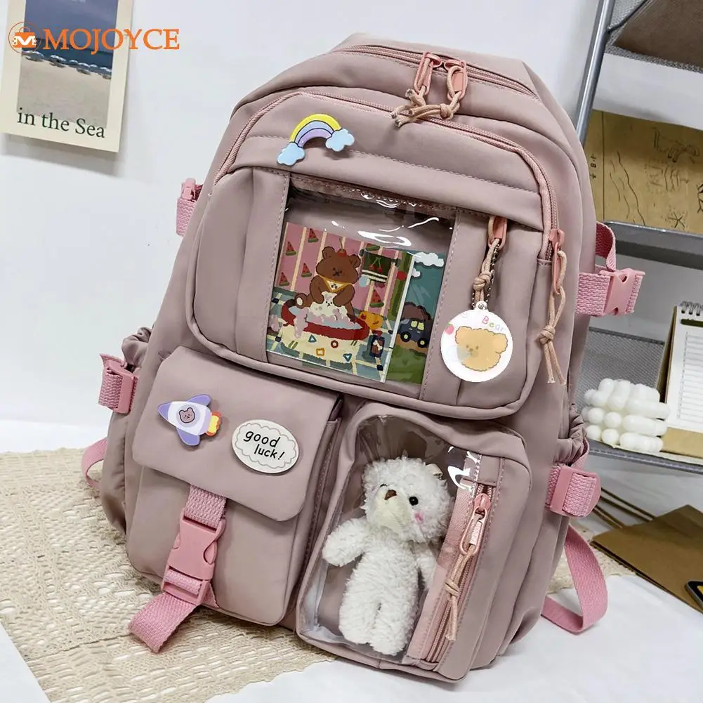 2023 Fashion Japanese Nylon Bookbags with Plush Pendant Summer New Student Kawaii Backpack Large Capacity Woman College Rucksack