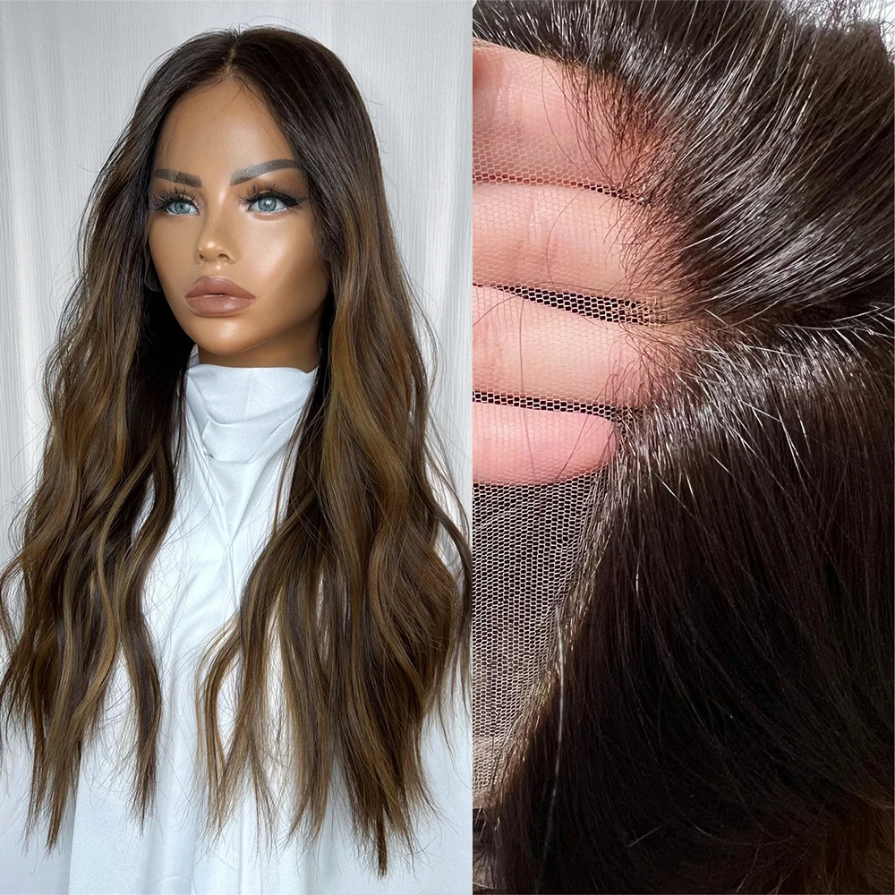 

Натуральные синтетические парики с эффектом балаяжа, волнистые, цвет каштановый с темными прожилками, HD-лента, термостойкий волоконный материал, без клея