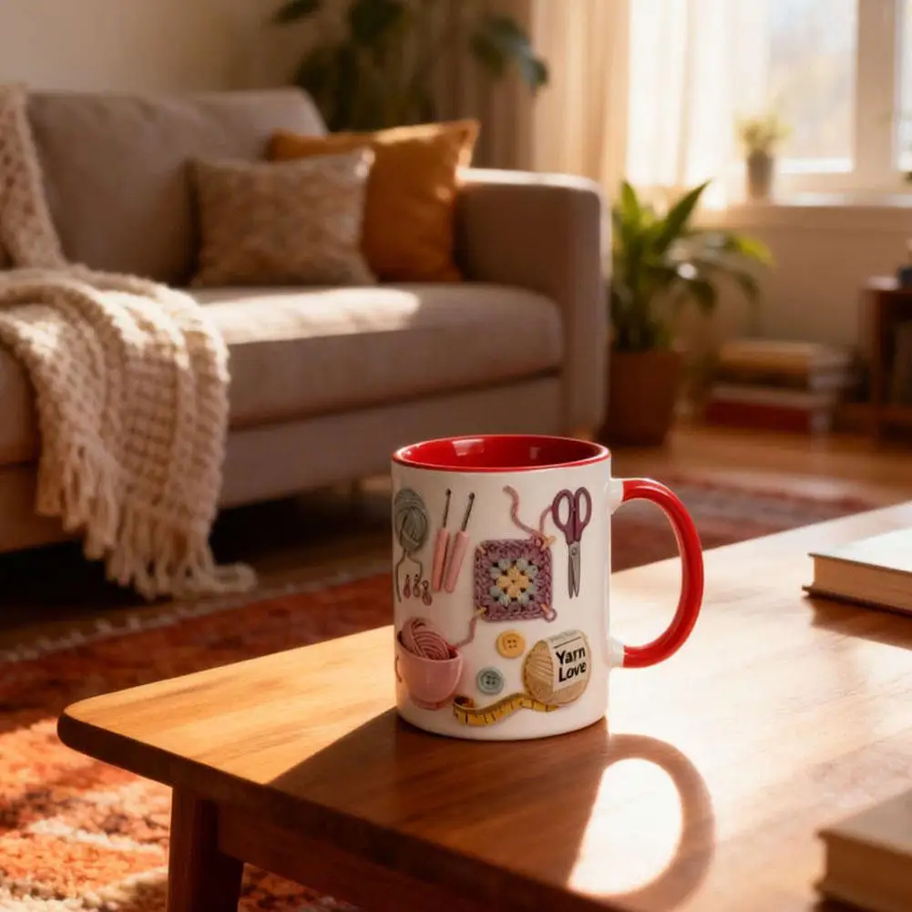 2D Knitting and Sewing Tools Mug 350ml Crocheting Women Coffee Cup Love Crocheting Personalized Ceramic Drinking Mug for Birthda