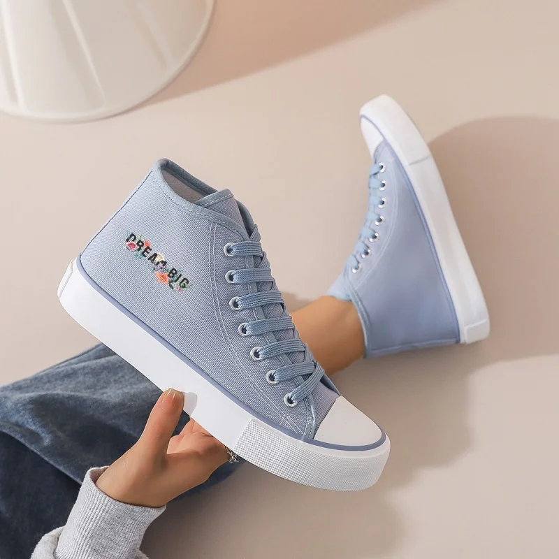 

Women's Light Blue Platform High-Top Canvas Sneakers with Embroidery. Lace-Up Casual Shoes for Daily, Campus & Street Style.