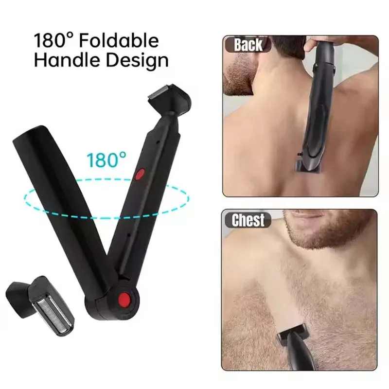Long-handled folding telescopic ceramic back shaver for men's body hair trimmer, with USB charging for back shaving