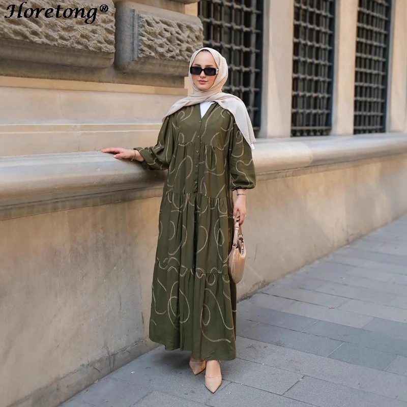 Abstract Line Print Muslim Abaya V Neck Button Front Tiered Loose Lantern Sleeve Modest Casual Maxi Dress Ramadan Eid Daily Wear