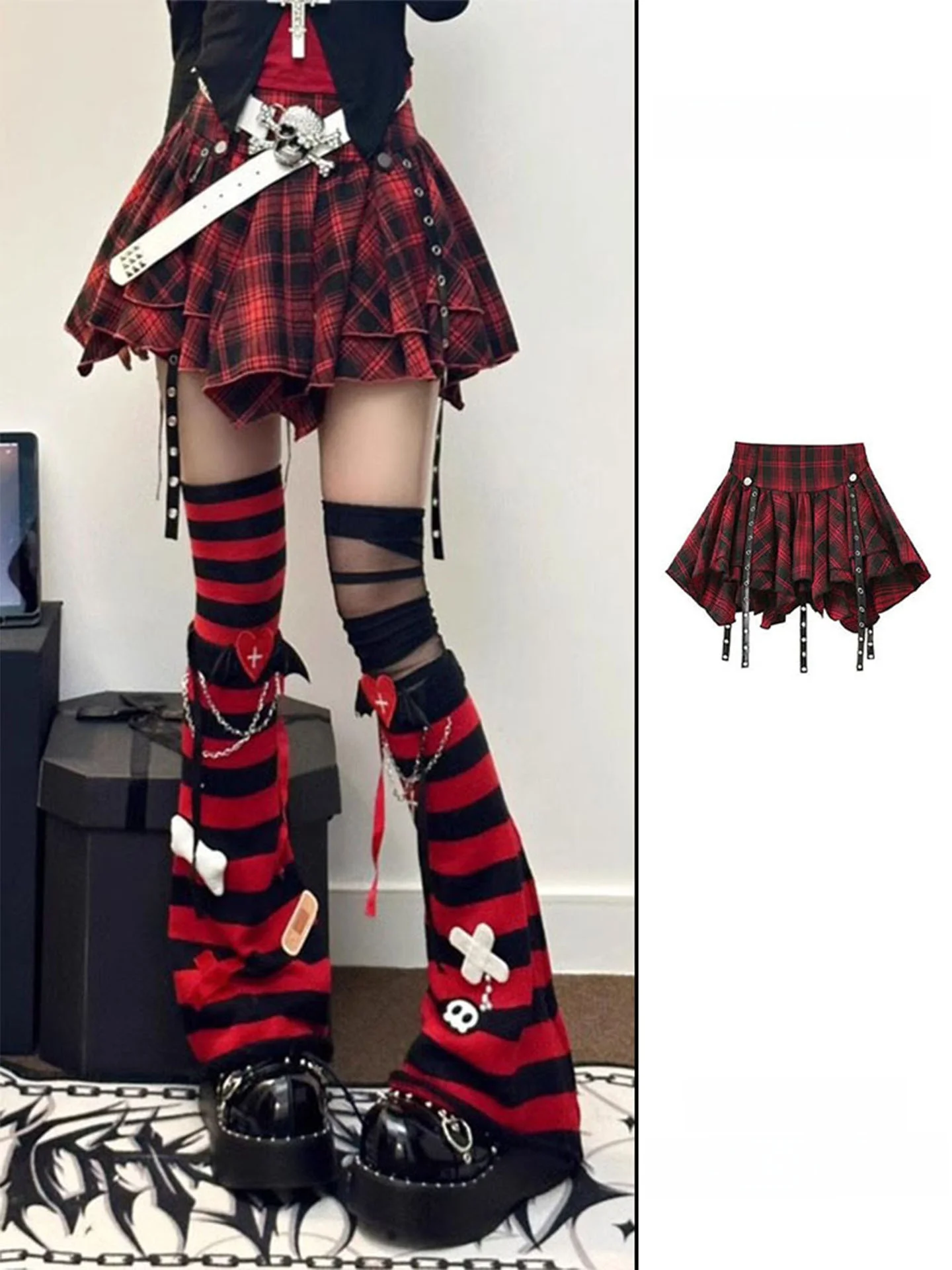Red Plaid Puffy Half-length Skirt for Women Spring Autumn Season High Waist Design Casual Wear Standard Fit Cake Skirt Style
