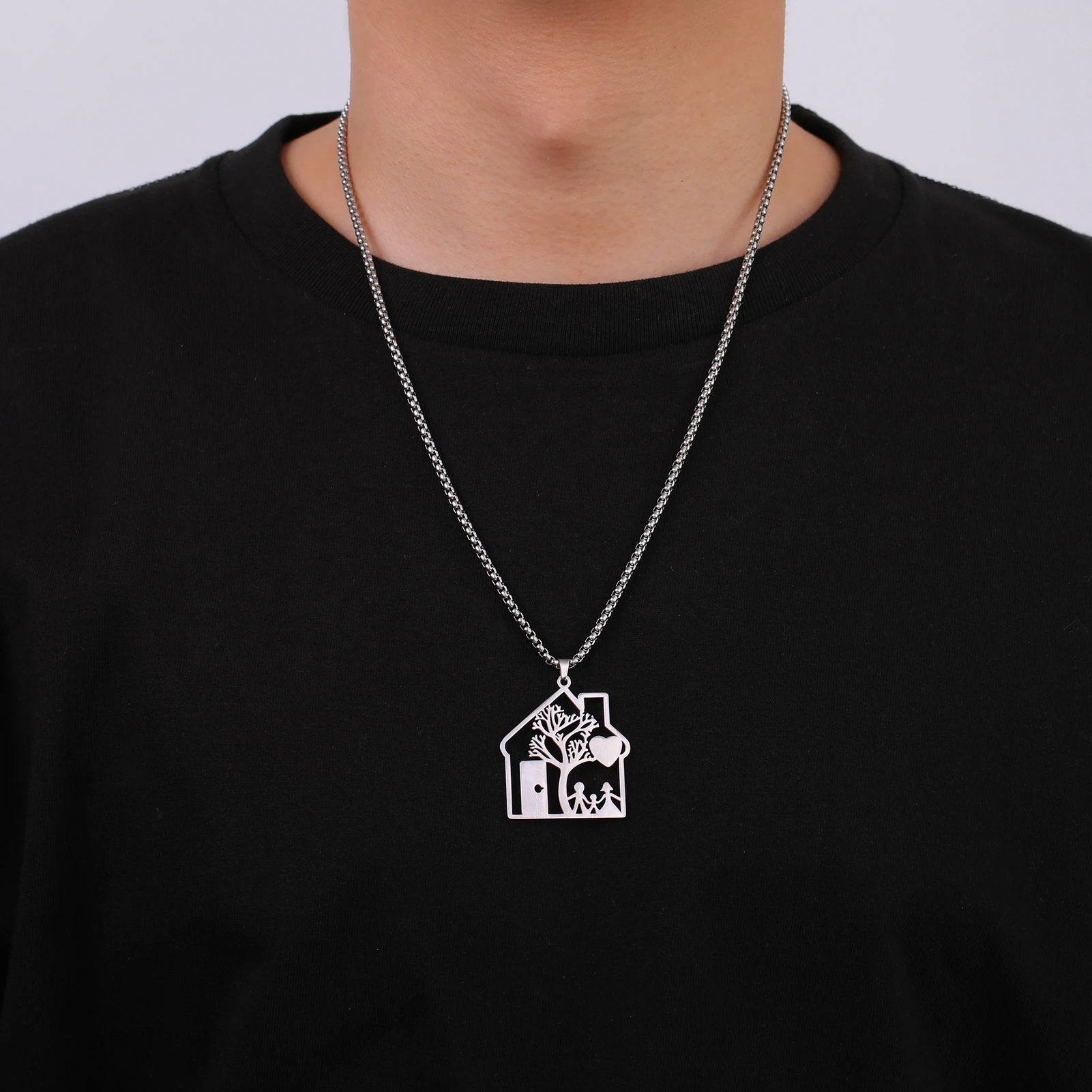 House Necklace for Woman Men Kid Child Family Father Dad Mother Home Pendant Box Chain Gold Color Stainless Steel Jewelry Gift
