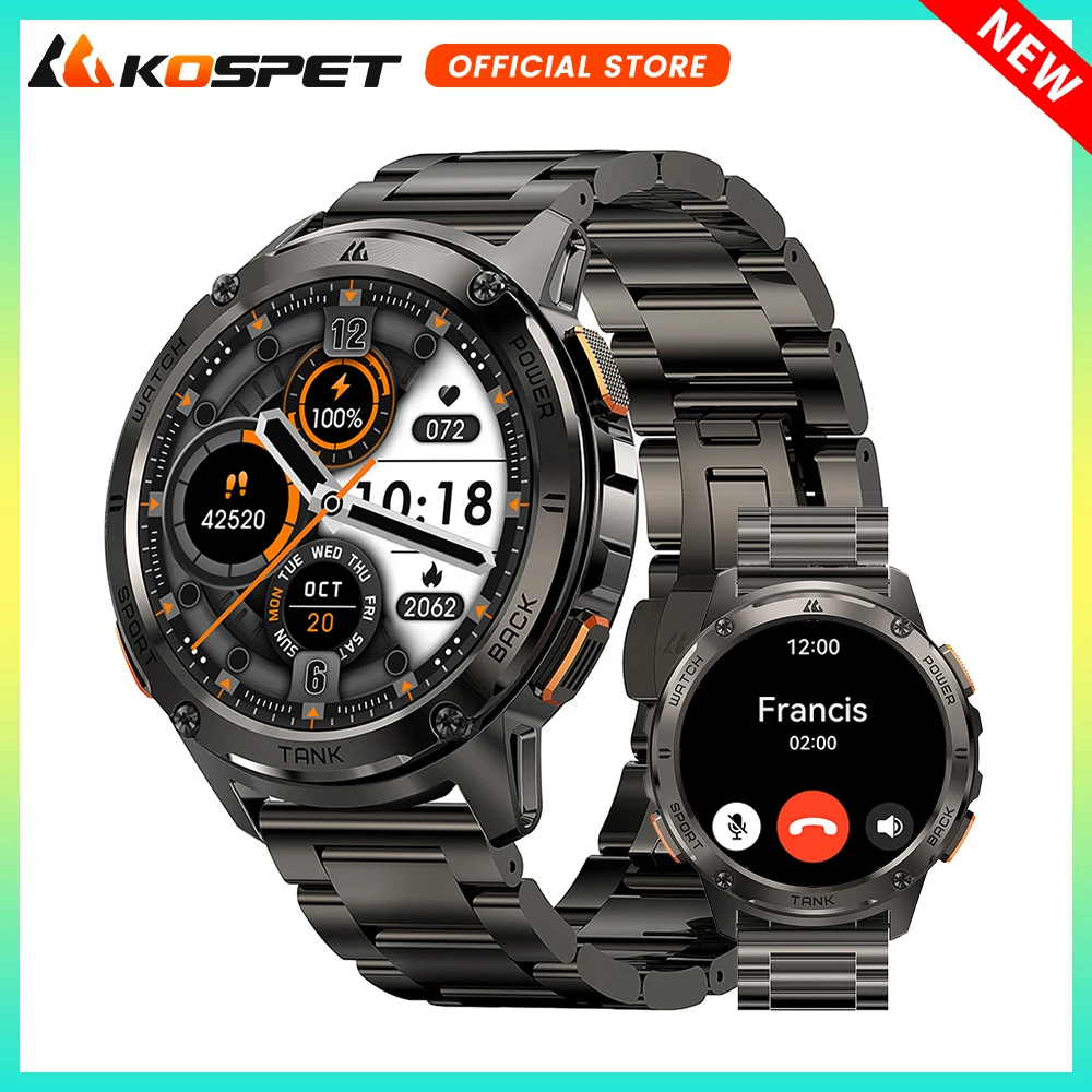 2024 KOSPET TANK T3 Smart Watch For Men 500mAh 60Days Battery IP69K 5ATM Waterproof AMOLED Bluetooth Call Military Men's Watches