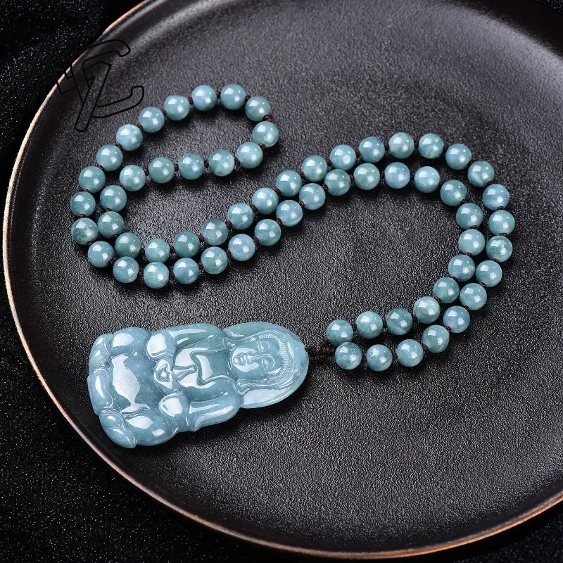 Natural Real Emerald Blue Water Big Guanyin Pendant Myanmar Jadeite Necklace Jewelry Charm Designer Luxury Vintage Women Amulet