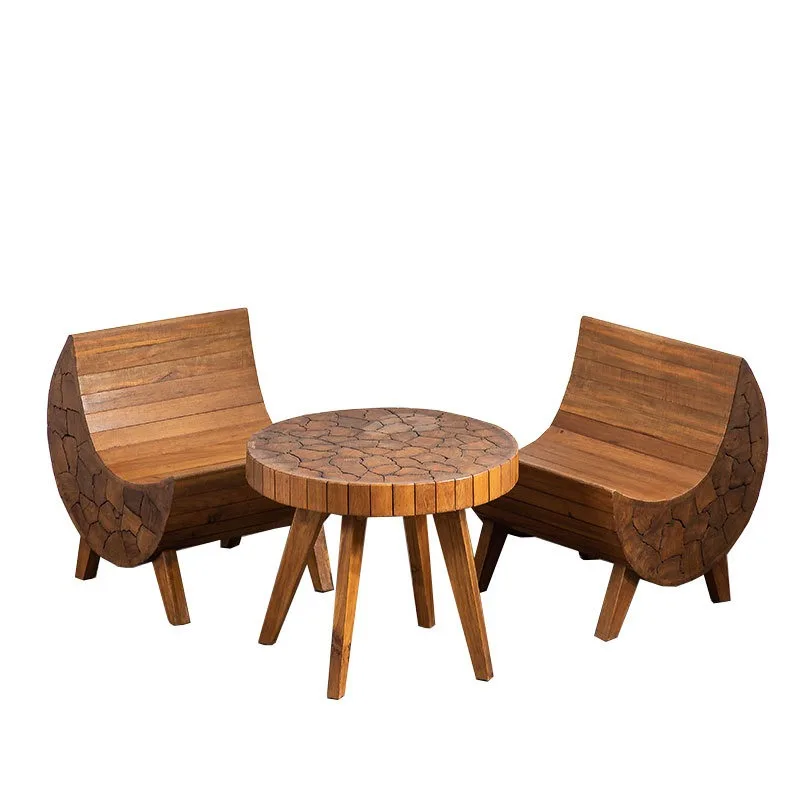 Solid wood balcony bay window round coffee table, retro small apartment sofa side log special-shaped courtyard coffee table
