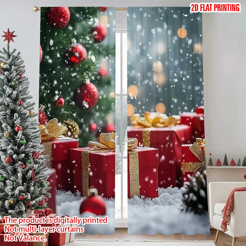 

2pcs 2D flat printing Merry Christmas Window Curtains Snowflake tree gift Fabric Without Electricity Festive Holiday for Holiday