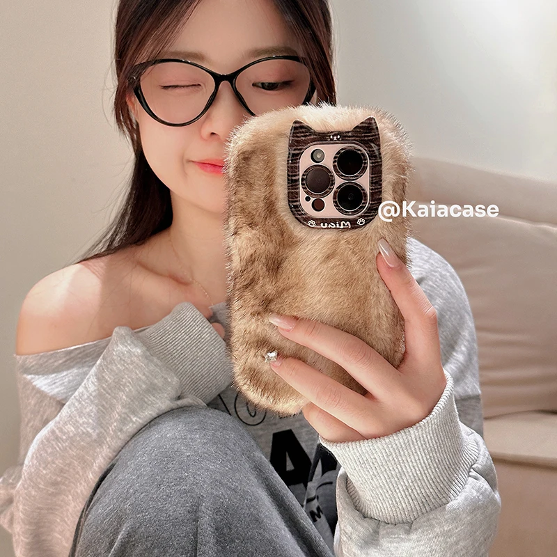 Luxury Gradient Brown Black Plush Fur Cat Lens Phone Case for iPhone 16 Pro Max 13 14 15 Promax 12 11 16Plus Winter Women Cover