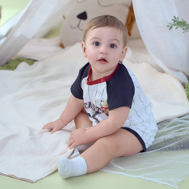 Dave Bella Stripe Short Sleeve Jumpsuit Romper Printed Cute Newborn Creeper Summer Romper  Boys Soft Clothes DB2252281