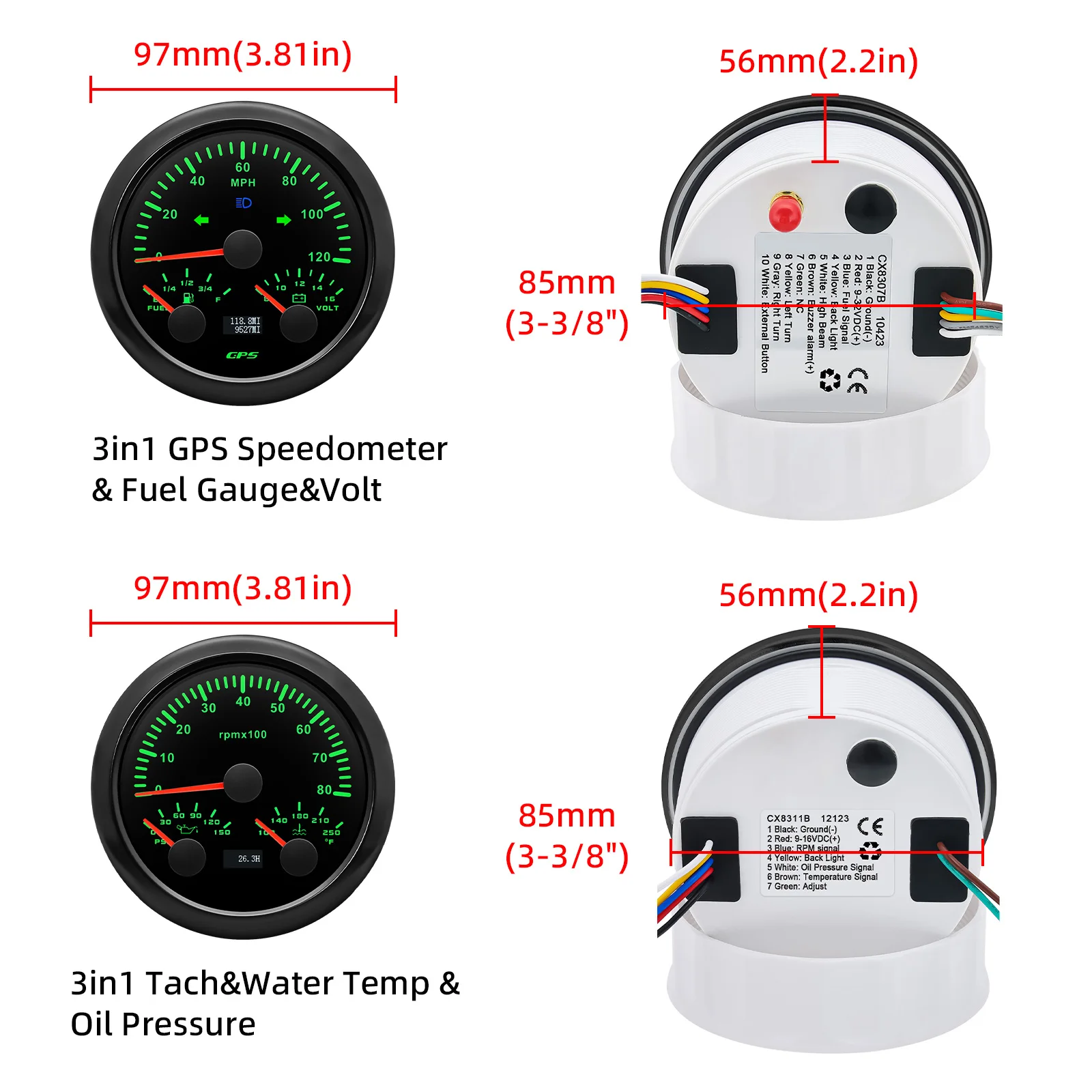 3 In 1 85MM 2 Gauges Set With Sensors 0-120MPH GPS Speedometer Fuel Level Meter Voltmeter Water Temp Oil Press Tachometer Meter