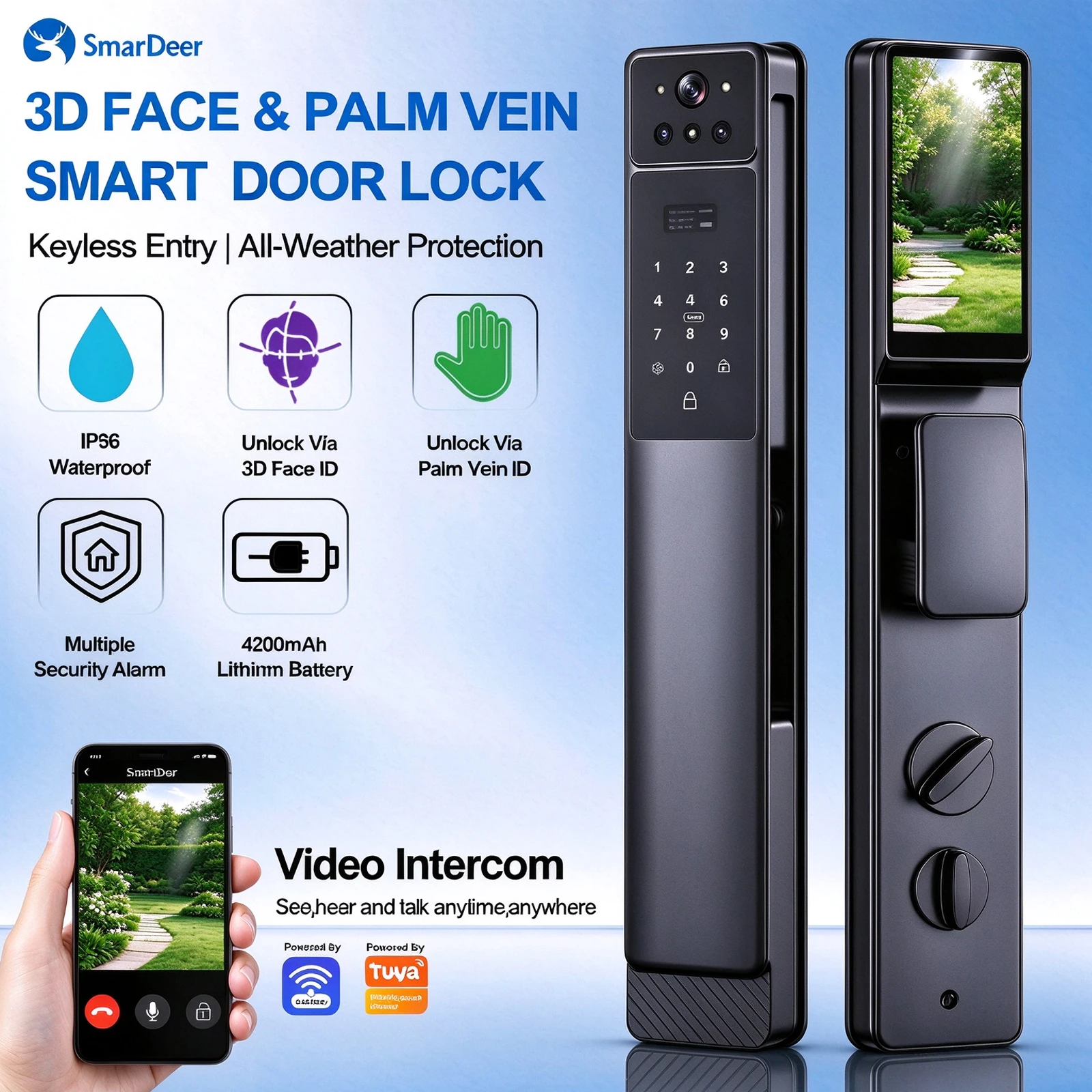 SmarDeer 3D Face & Palm Vein Smart Door Lock Tuya WiFi Fingerprint Lock IP66 Waterproof Keyless Entry with Alexa  9 Unlock Ways