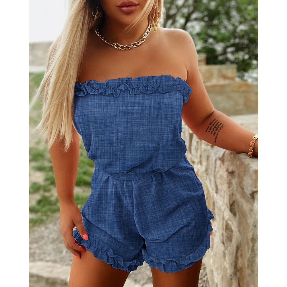 Frauen Denim Look Print Rüschen Saum sexy träger losen Stram pler 2023 Sommer süße ärmellose Bandeau einteilige blaue Outfits Party wear