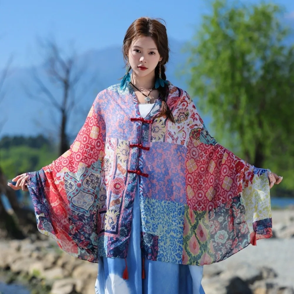 

Elegant Knot Button Sunscreen Scarf Shawl Tassels Flower Cardigan Cape Thin Soft National Style Cloak Beachside