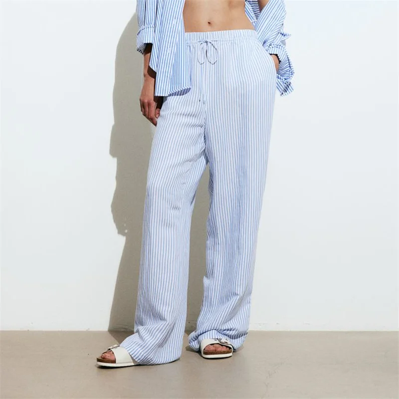 Women Summer y2k Lounge Pants 2000s Stripe Print Drawstring Elastic High Waist Loose Trousers with Pockets Streetwear