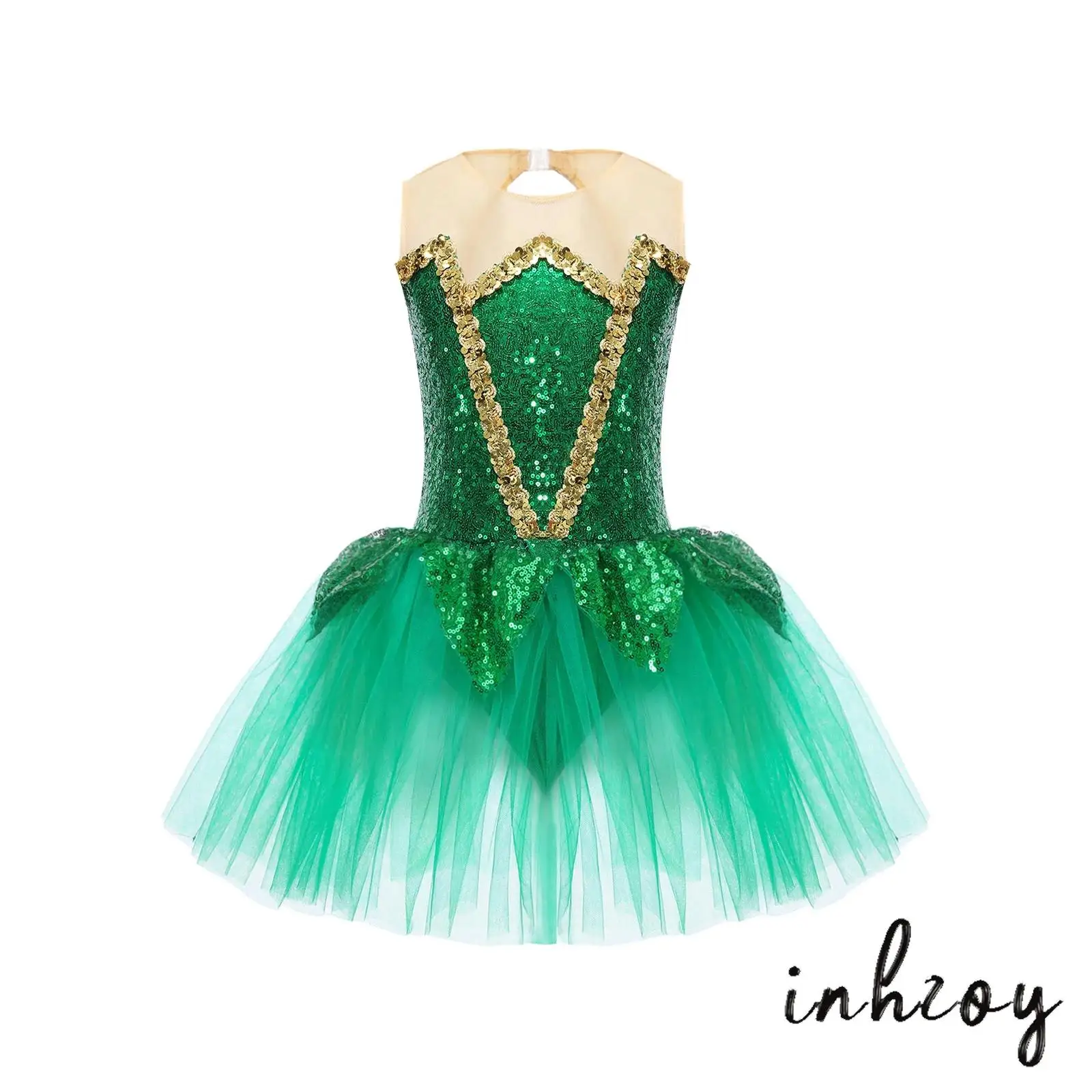 

Kids Girls Halloween Elf Cosplay Costume Sleeveless Keyhole Back Shiny Sequins Mesh Tutu Dress Princess Dance Leotard Dresses