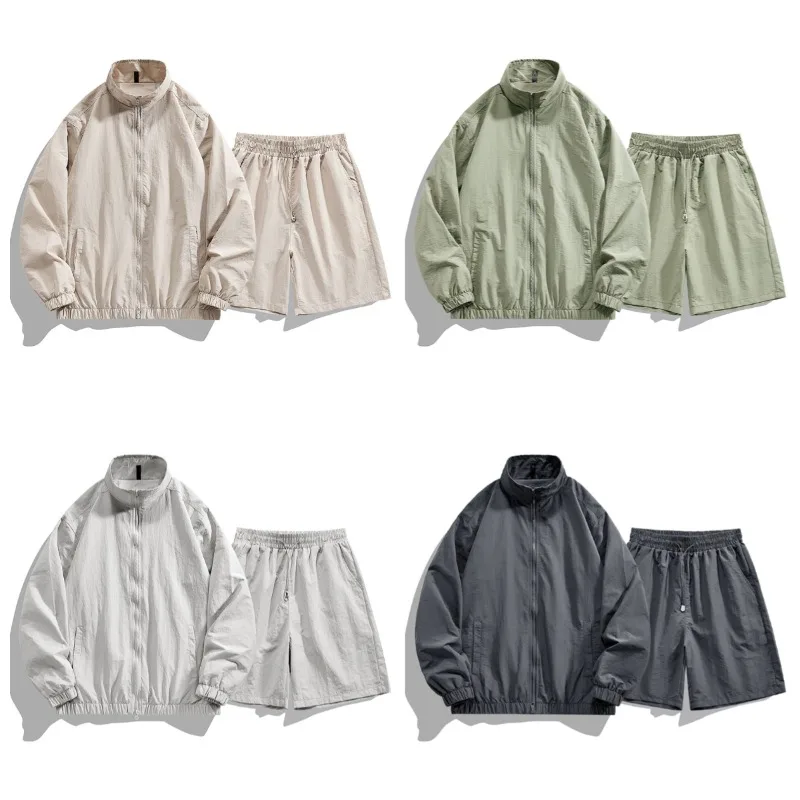 

Summer Men Outdoor Cycling Sports UV Resistant Jacket Five Part Shorts Set Fashionable Lightweight Breathable Sports Leisure Set