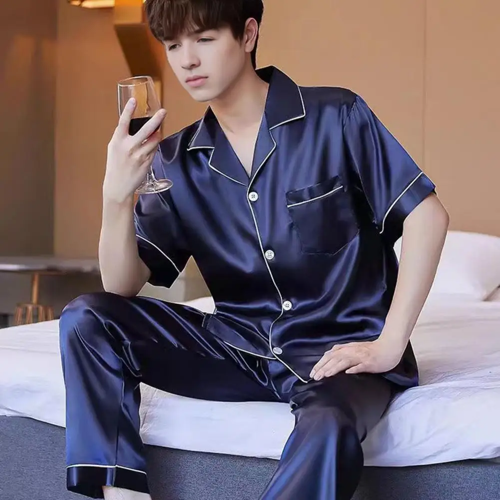 2026 2Pcs/Set Men Pajamas Set Lapel Short Sleeve Buttons Placket Shirt Elastic Waist Wide Leg Long Pants Set Loose Fit Sleepwear