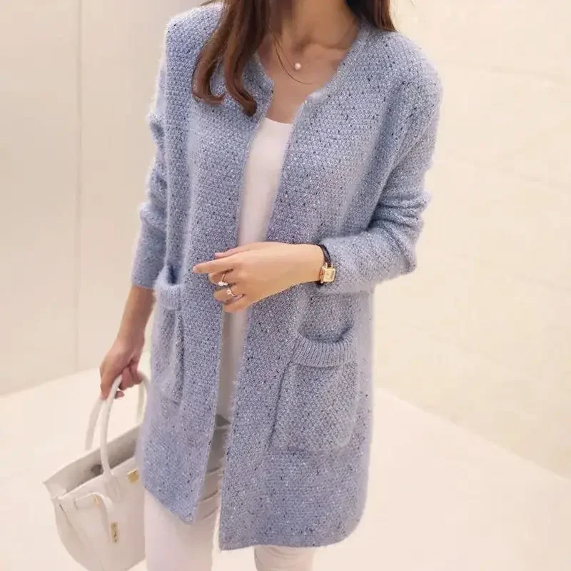 

Knitted Medium Length Open Cardigan Women's Fashion New Style Korean Version round Neck Pocket Coat Spring Autumn Season