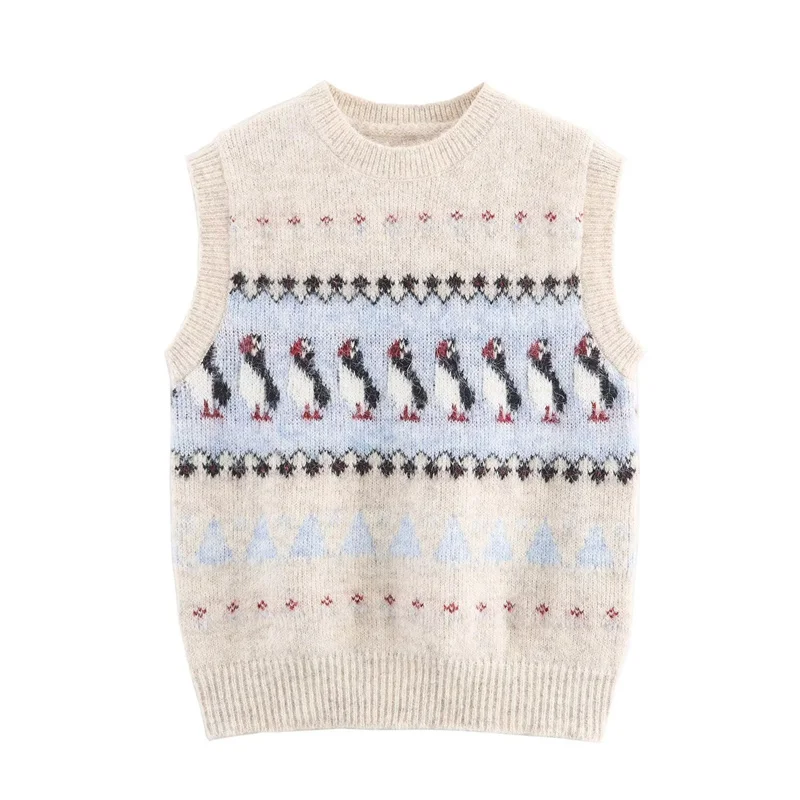 Chaleco de mujer 2025 otoño nuevo estilo Jacquard sin mangas patrón de pingüino Jersey de punto chaleco Casual moda animado y lindo