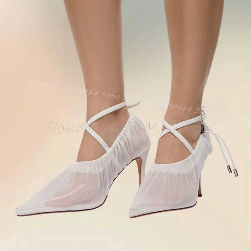 

White Elastic Band Mesh Pointed Toe Pumps Ankle Buckle Strap Women Shoes Thin High Heels Fashion Party 2024 Zapatos Para Mujere