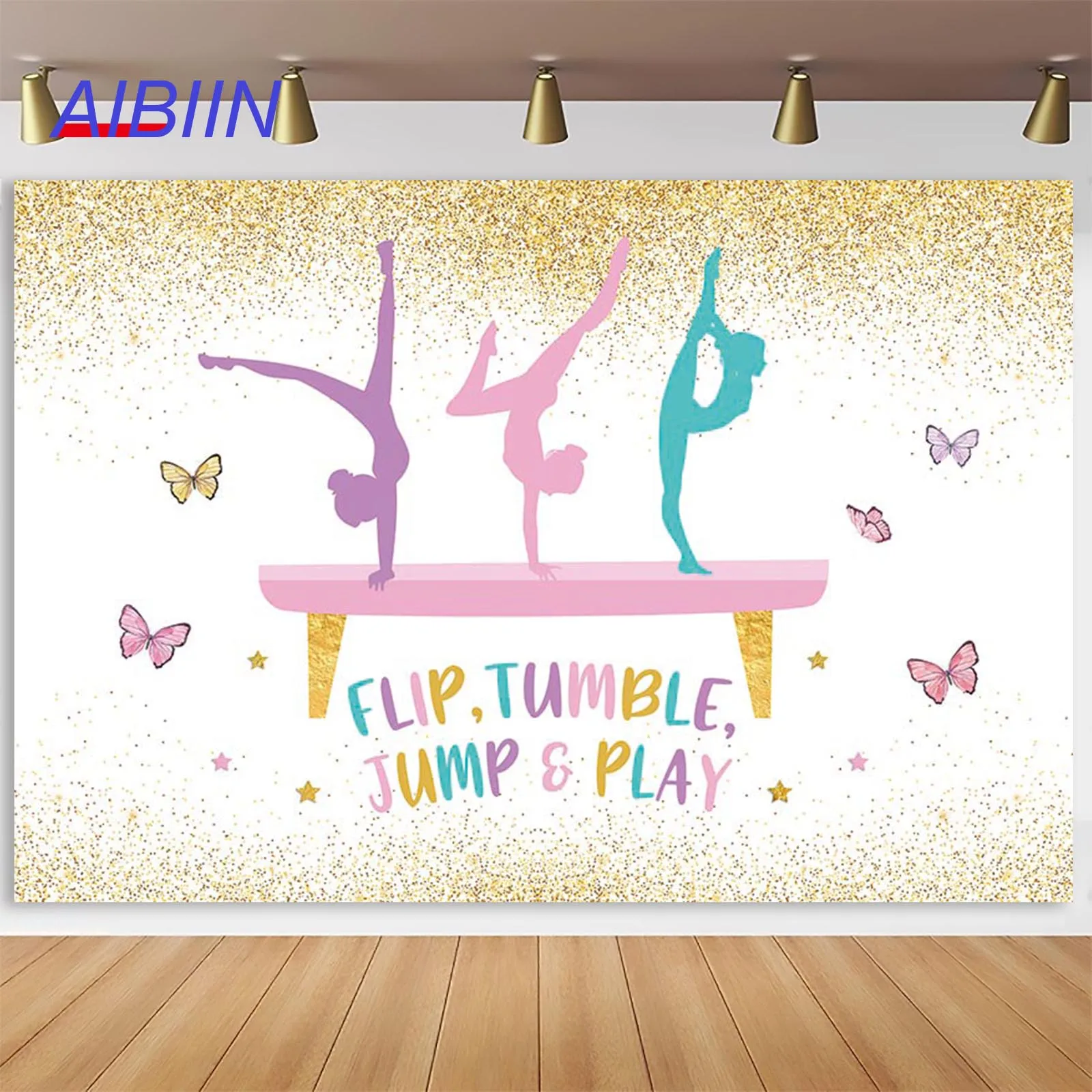 

AIBIIN Gymnastics Girl Happy Birthday Party Backdrop Gymnasts Sports Tumbling Flip Jump Party Decor Background for Photography