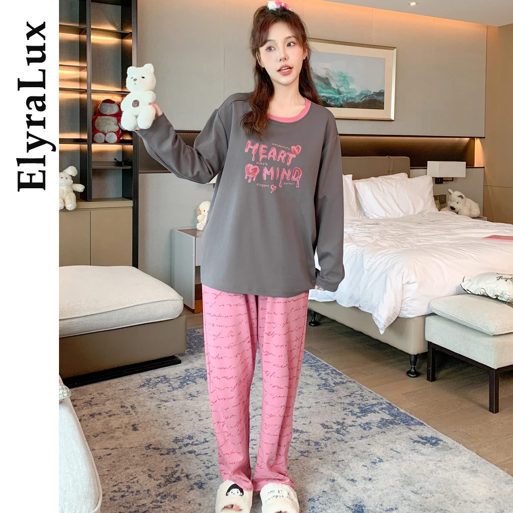 

ElyraLux Spring Autumn Pajamas Women's Autumn Two Pieces of Long-Sleeved Trousers Set of Home Clothing Ladies Pajamas Sleepwear