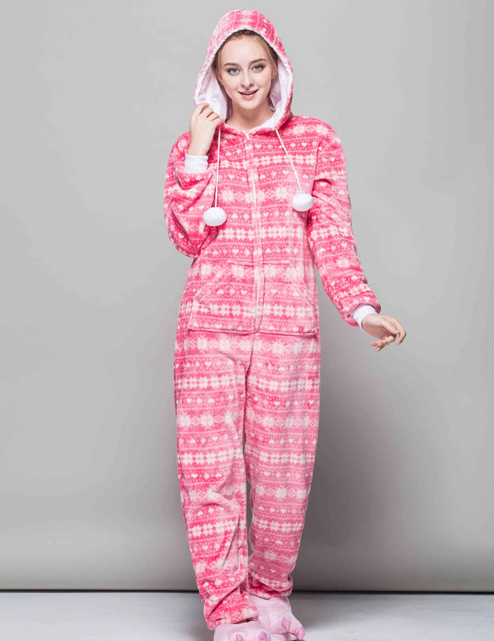 

2022 New Christmas Onesies Snowflake Print Jumpsuits Adult Womens Hooded Rompers Warm Thicken Flannel Pyjamas Homewear Pijamas