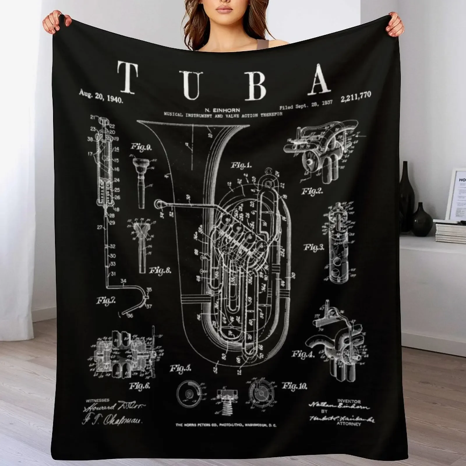 Tuba Vintage Patent Tubaist Tubist Drawing Print Throw Blanket Air Conditioner Soft Blanket for Office Home