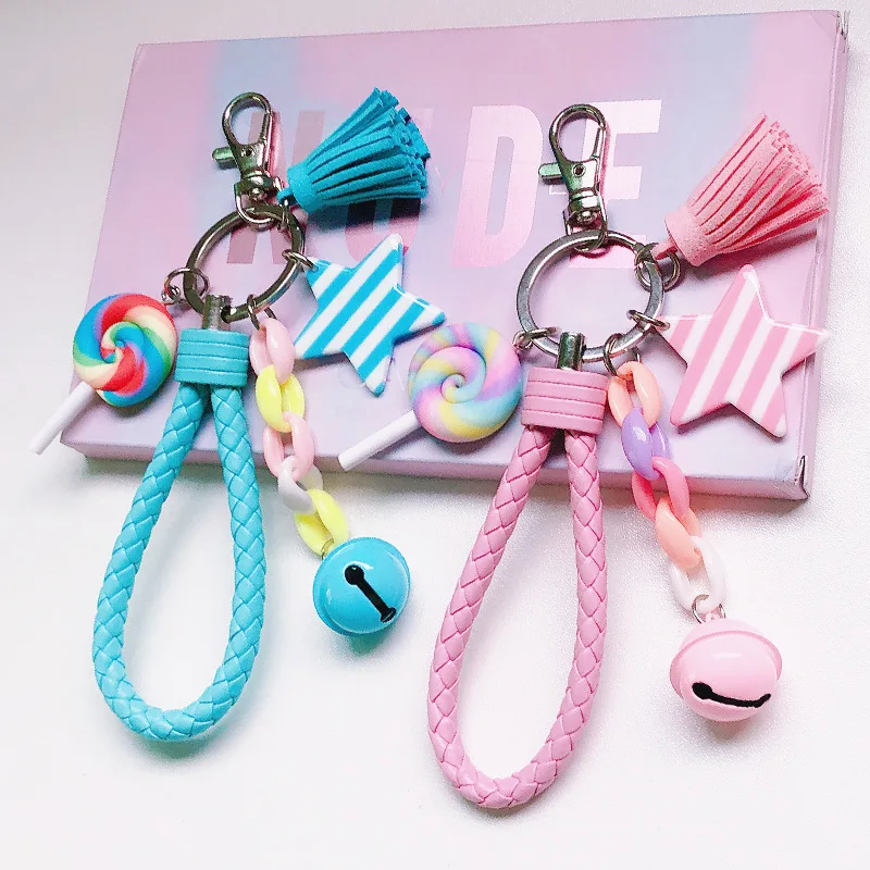 

Cute Keychain Girly Heart Soft Clay Rainbow Key Chain Student Schoolbag Lollipop Pendant Accessories Couple Rainbow Party Favors