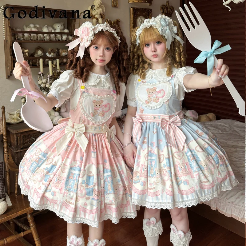 

Original Lolita Strap Dress Summer New Girls Sweet Cute Daily Daughter Dress Lori Cute Bow Bear Print Lo Short Birthday Dresses