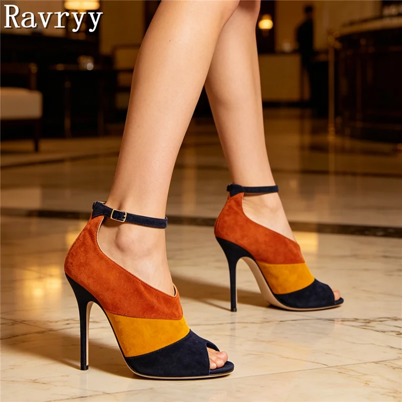 

Women New Color Blocked Suede Ankle Boots Peep Toe Ankle Strap Stiletto Sandals Elegant Evening High Heels
