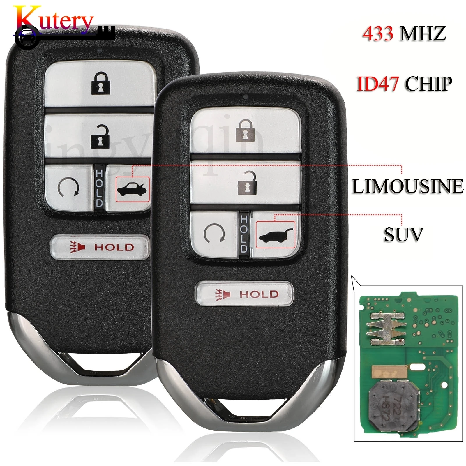 

jingyuqin 5PCS/Lot Remote Smart Car Key For Honda Civic EX TOURING Piot CR-V 4+1 5 Buttons 433MHZ ID47 Chip FCCID: KR5V2X