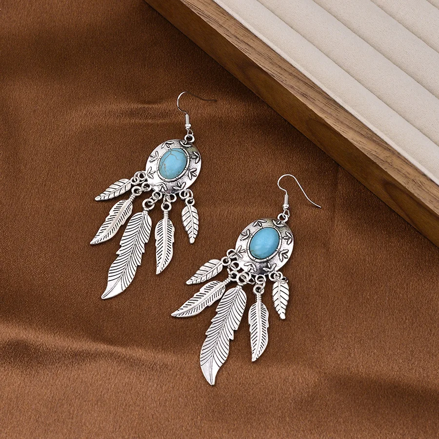 DIY accessories Hot-selling new retro ethnic style turquoise round leaf pendant earrings exquisite temperament elegant ear jewel