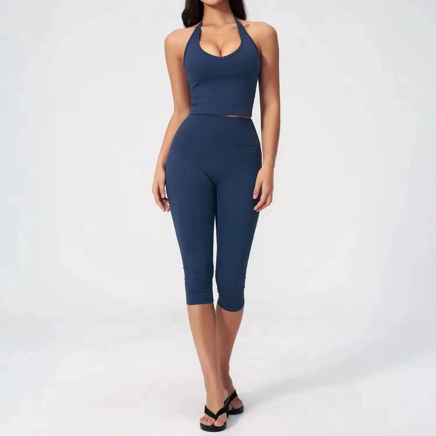 2‑Piece Women Workout Yoga Suit Halter V‑Neck Sleeveless Tank Top + High Waist Capri Pants Elastic Yoga Vest Sports Fitness Set