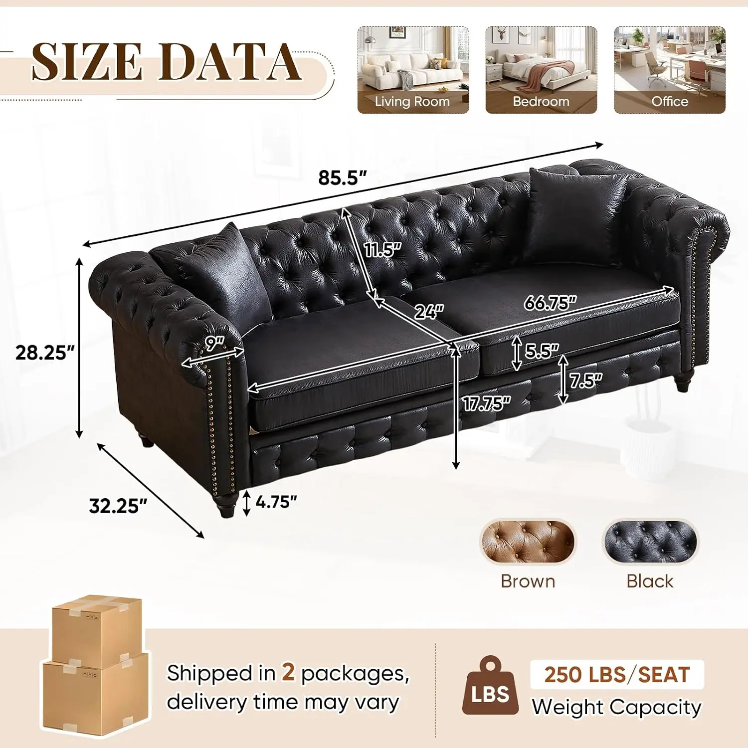 3 Seater Fabric Sofa with Tufted Back, Pillows & Nailhead Trim, Roll Armrests, Mid Century Modern for Living Customized