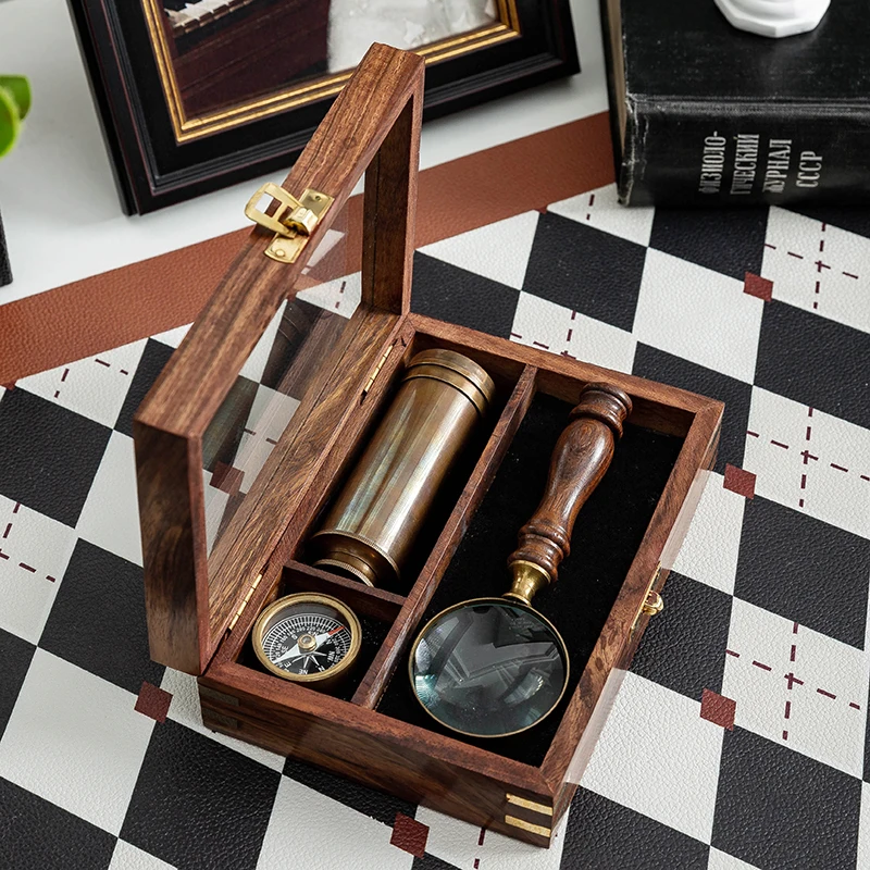 Imported retro brass antique magnifying glass compass telescope outdoor nautical set study western ornament