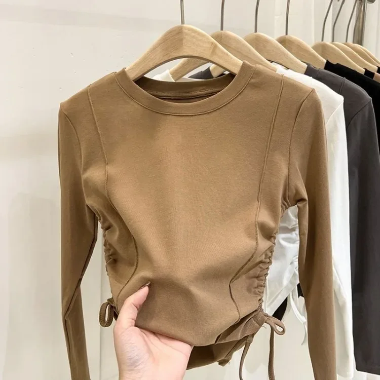 ZOETOPKID Cropped-Top mit Kordelzug für Mädchen, einfarbig, für Grundschülerinnen, Frühling/Herbst, Kinder-T-Shirts, Langarm, Kinder-T-Shirt – Detail 3