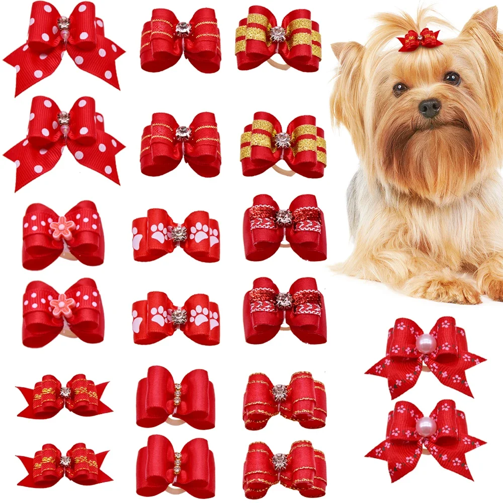 10Pcs Handmade Pet Dog Bow Diamond Pearl Pet Supplies Pet Hair bows Boutique Puppy Pet Dog Grooming Accessories for Small Dogs