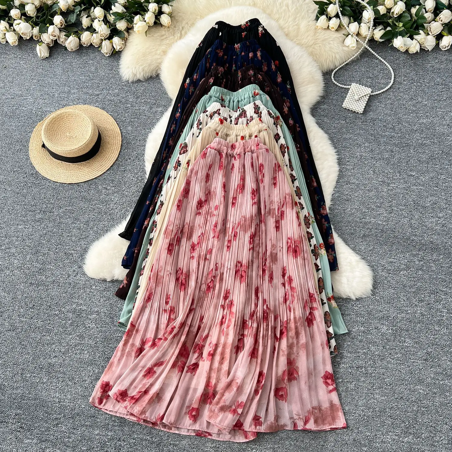 

Шифоновая юбка миди с цветочным принтом для женщин, новинка 2026 года, весна-лето, с завышенной талией, элегантная повседневная юбка А-силуэта